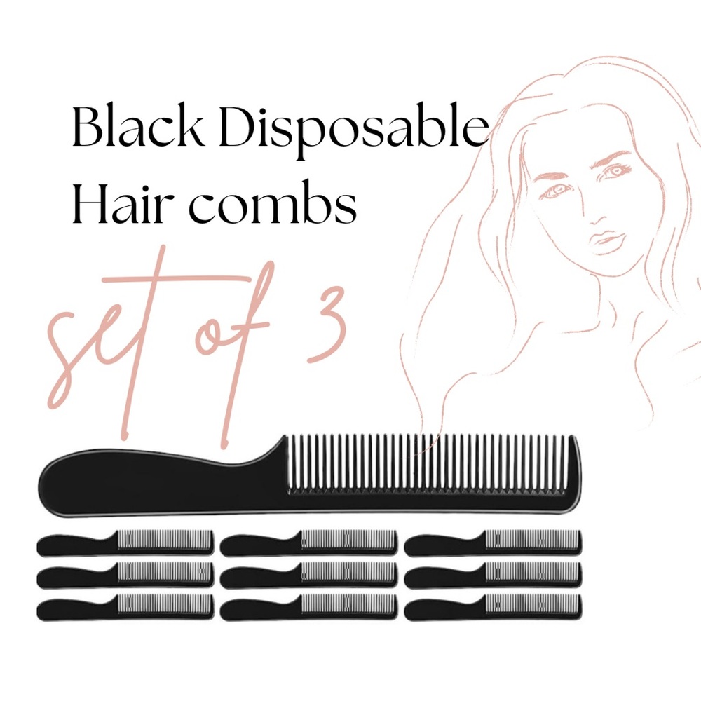 Pack of three individually wrapped black disposable hair combs